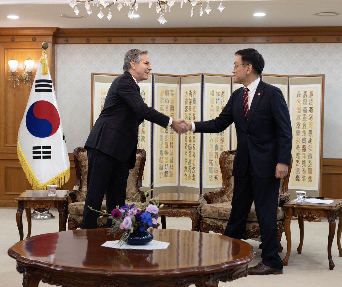 SecBlinken's tweet image. In my meeting with Republic of Korea Acting President Choi Sang-mok, I reiterated U.S. confidence in the enduring strength of the U.S.-ROK Alliance. Our alliance is the linchpin of peace and security in the Indo Pacific and our support for the ROK and its people is enduring.