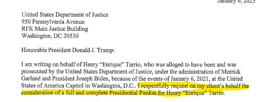 Just in: Lawyers for Enrique Tarrio, the former Proud Boys leader, formally ask Trump for a pardon on Jan. 6.
Tarrio is currently serving a 22-year prison term after being convicted of seditious conspiracy in connection w/the attack on the Capitol.
