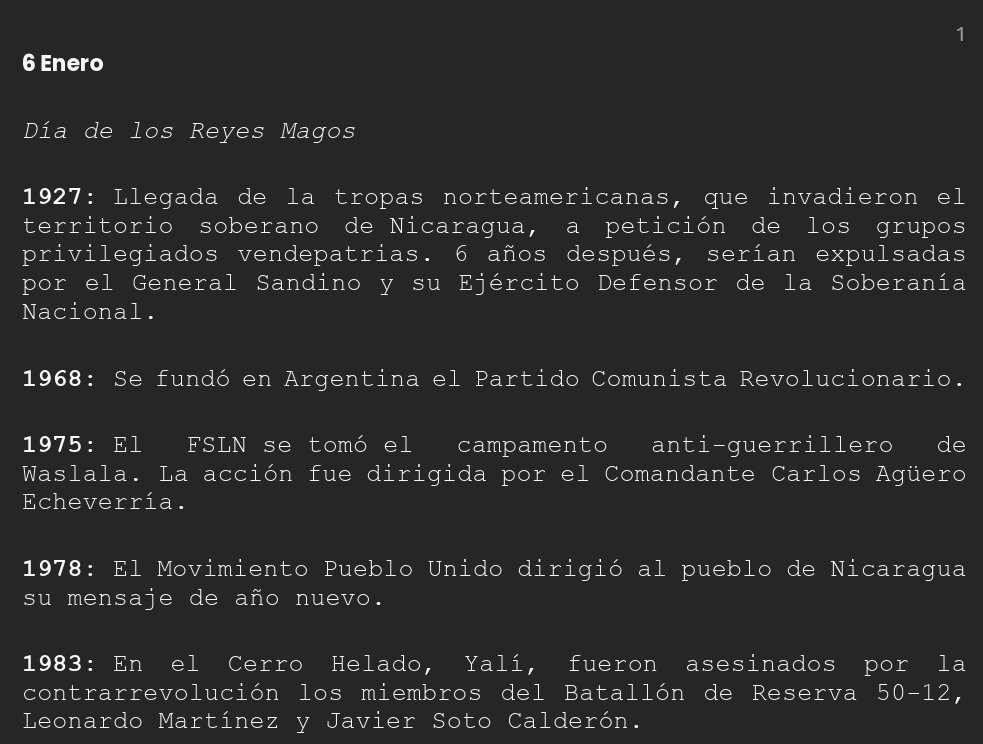 💥Efemérides 
6 Enero 
1927: Llegada de la tropas norteamericanas, a petición de los grupos privilegiados vendepatrias.

1975: El FSLN se tomó el campamento anti-guerrillero de Waslala. La acción fue dirigida por el Comandante Carlos Agüero Echeverría.

#UnidosEnVictorias