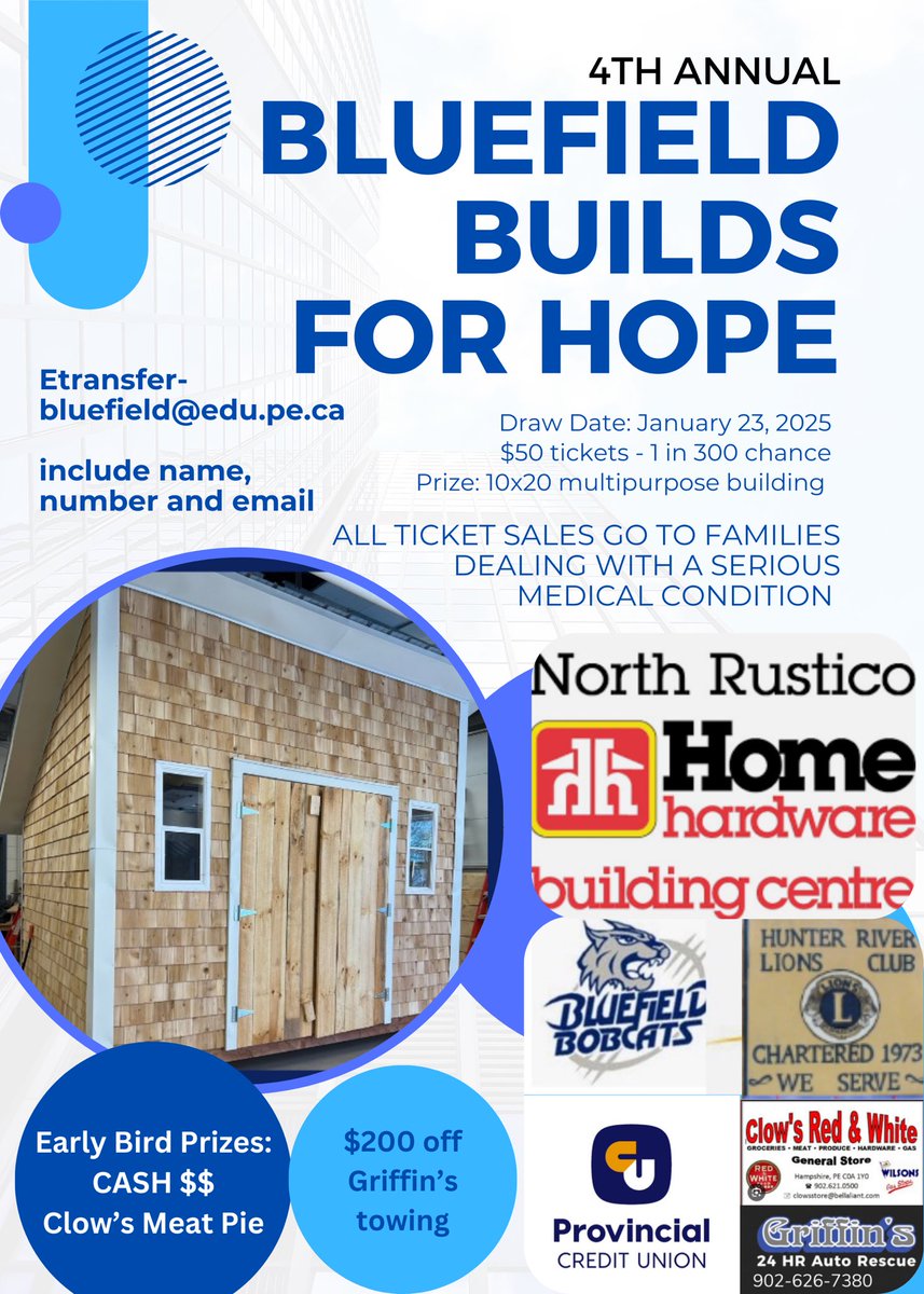 Bluefield Builds for Hope Fundraiser! Buy a $50 ticket to get a 1 in 300 chance at winning this 10x12 multipurpose building! All ticket sales go toward families who are dealing  with a serious medical condition. Get your ticket fast to also get a chance at a cash early bird draw!