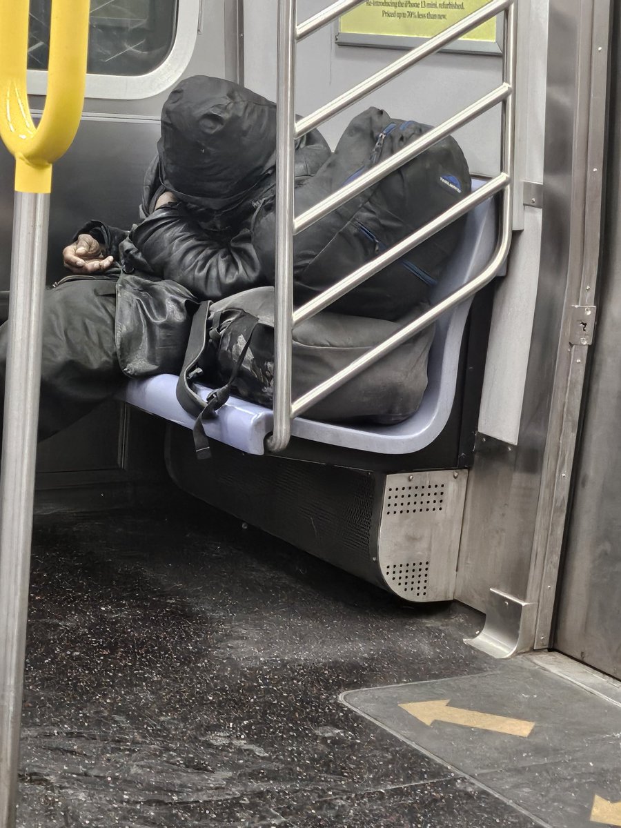 perz_pa's tweet photo. @MTA @GovKathyHochul. Another day in paradise for the homeless and MH people.  And for us nowhere to sit, trains are dirty bad smell, DON'T ask for train # , is not going to help. This is the F line as always from CI. H E L P https://t.co/mCxiTClbT2