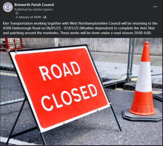 ** UPDATE**

Unfortunately, due to the cold temperatures forecasted for next week, we have been advised that the decision has been made to postpone the anti-skid and patching works on A508 Harborough Road.

We will provide further updates as they are received.