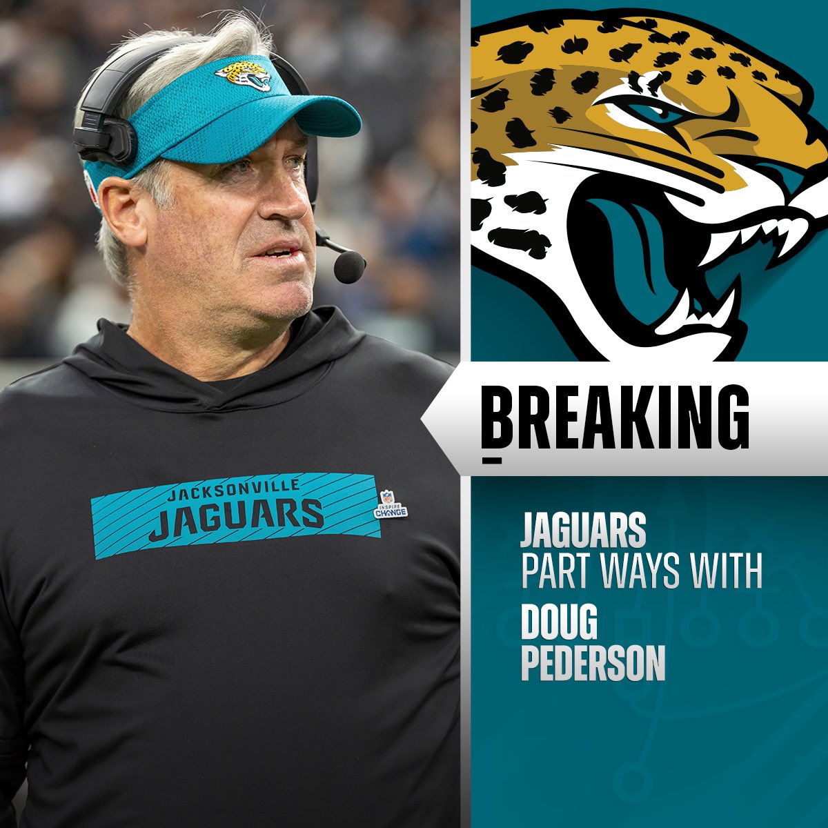 NFL's tweet image. Jaguars part ways with head coach Doug Pederson.