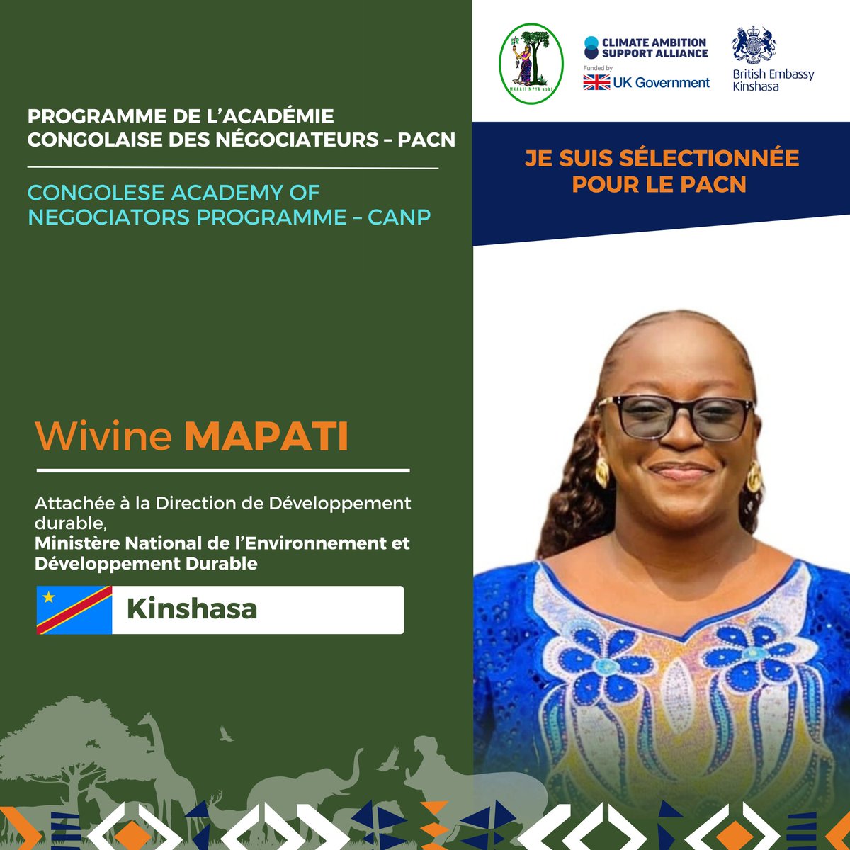 #MeetTheCANPFellows

Madame Wivine est experte en changement climatique et intégration du genre, avec plus de cinq ans d’expérience. 
Elle souhaite renforcer sa voix dans les négociations climatiques et collaborer pour des solutions durables.