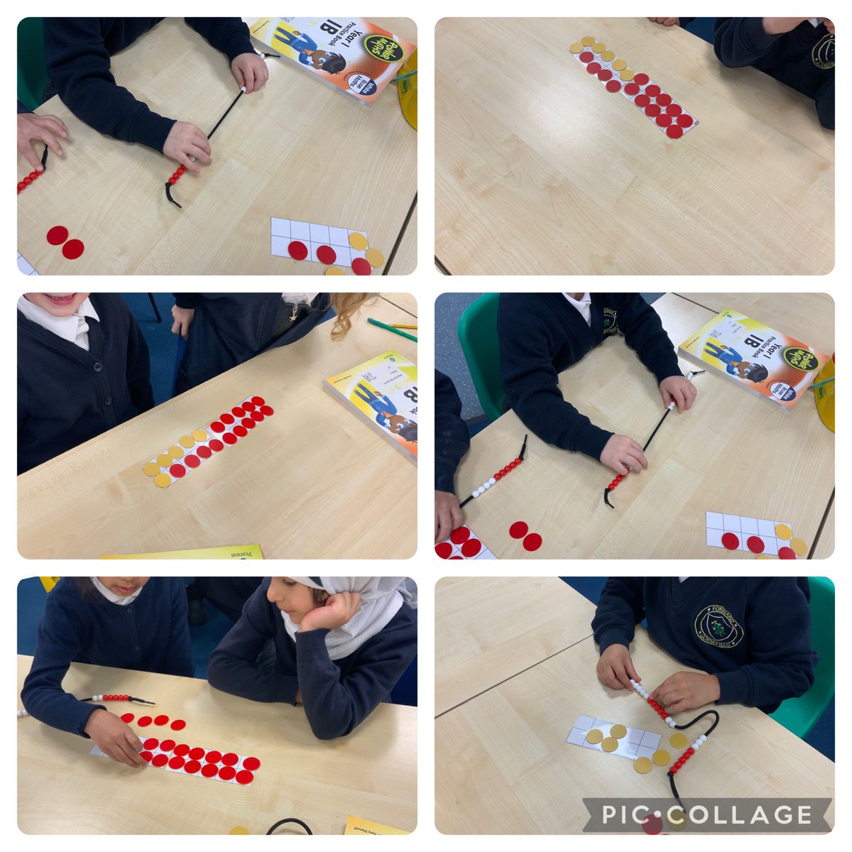 Gorsefield's tweet image. Year 1 are glad to back after the holidays! Today they have been using number beads and tens frames to explore number bonds to 20 #PowerMaths #LearningWithoutLimits
