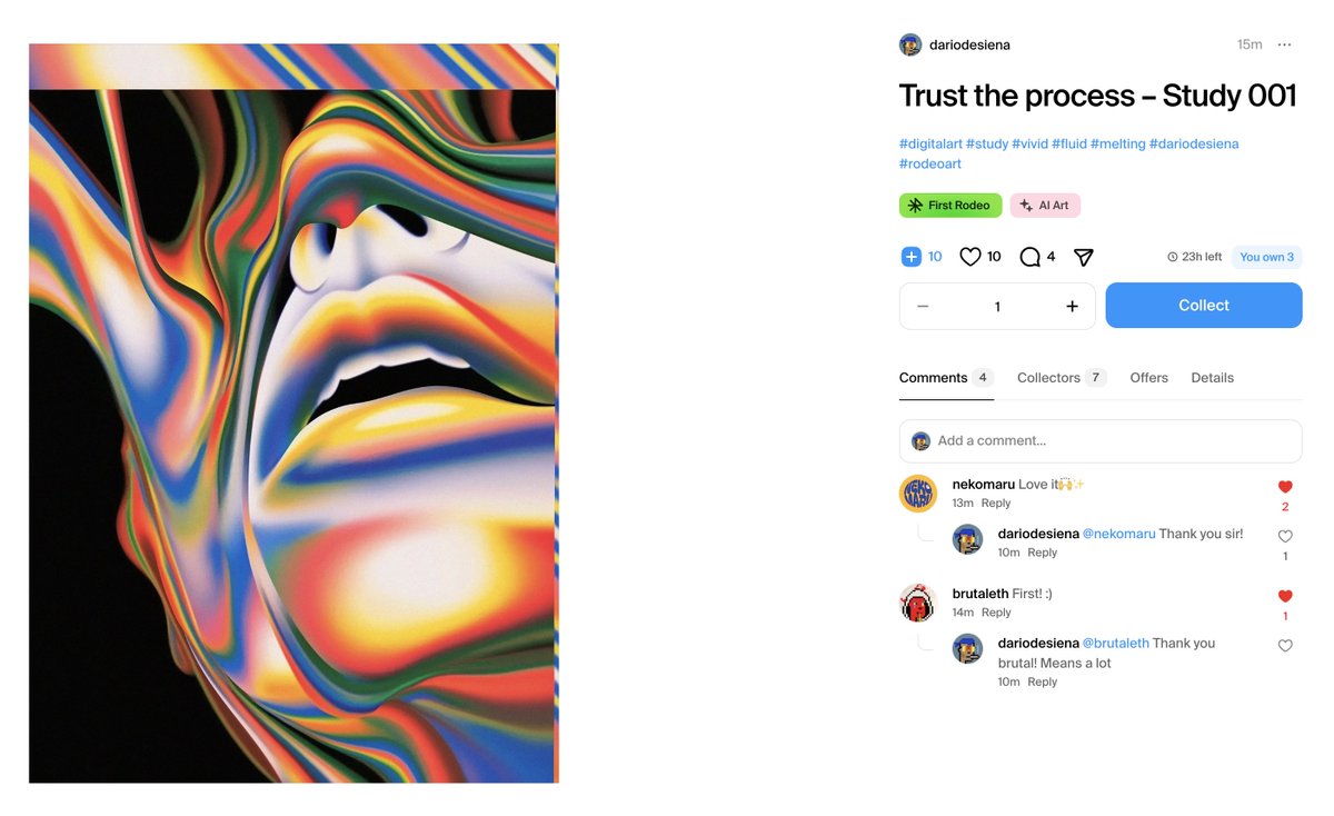 Let's Farm ART! 👀😎

Replay with your username in the comments of my Genesis drop on Rodeo. 

I will collect the 1st 200 who RT this tweet. Prove it &amp; you get collected! LFG!
