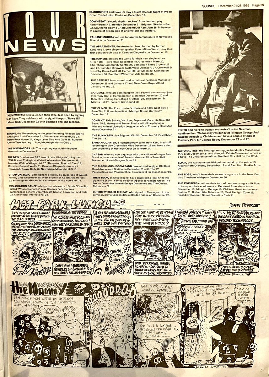 ZoundsAbound's tweet photo. A round up of this week’s Record & Tour News featuring information on #VirnaLindt @rubyturnersoul #Cherelle #Hex #CBank #DeathInJune #LoudonWainwrightIII #Masquerade #TheMembranes #TheDTs @PaulineMurrayX #CuriosityKilledTheCat #Floyd & #Conflict
Sounds Dec 21/28th 1985 https://t.co/I0q2Cg0IVL