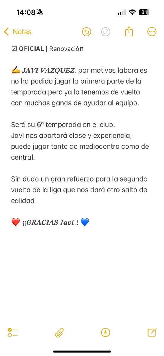 ☑ 𝗢𝗙𝗜𝗖𝗜𝗔𝗟 | 𝖱𝖾𝗇𝗈𝗏𝖺𝖼𝗂𝗈́n

✍ 𝑱𝑨𝑽𝑰 𝑽𝑨𝒁𝑸𝑼𝑬𝒁, ya lo tenemos de vuelta con muchas ganas de ayudar al equipo.

Será su 6ª temporada en el club.
Javi nos aportará clase y experiencia
❤️ ¡¡𝑮𝑹𝑨𝑪𝑰𝑨𝑺 𝑱𝒂𝒗𝒊!! 💙