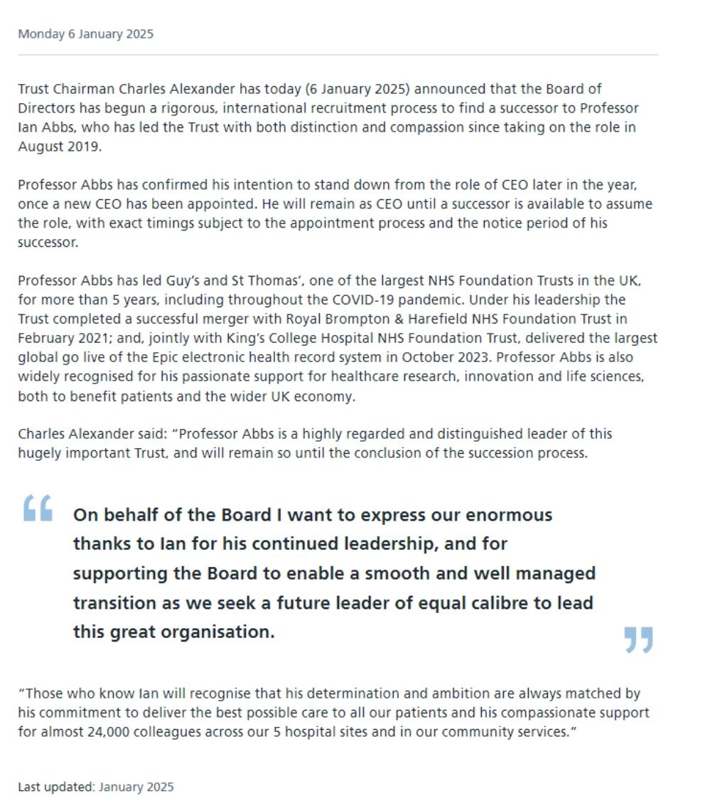 🚨 <a href="/GSTTnhs/">Guy's and St Thomas'</a> chief exec Ian Abbs is stepping down. One of the most high profile hospital trusts now starting a "rigorous international recruitment" search. GSTT is making cuts of £90m this year to balance its books...