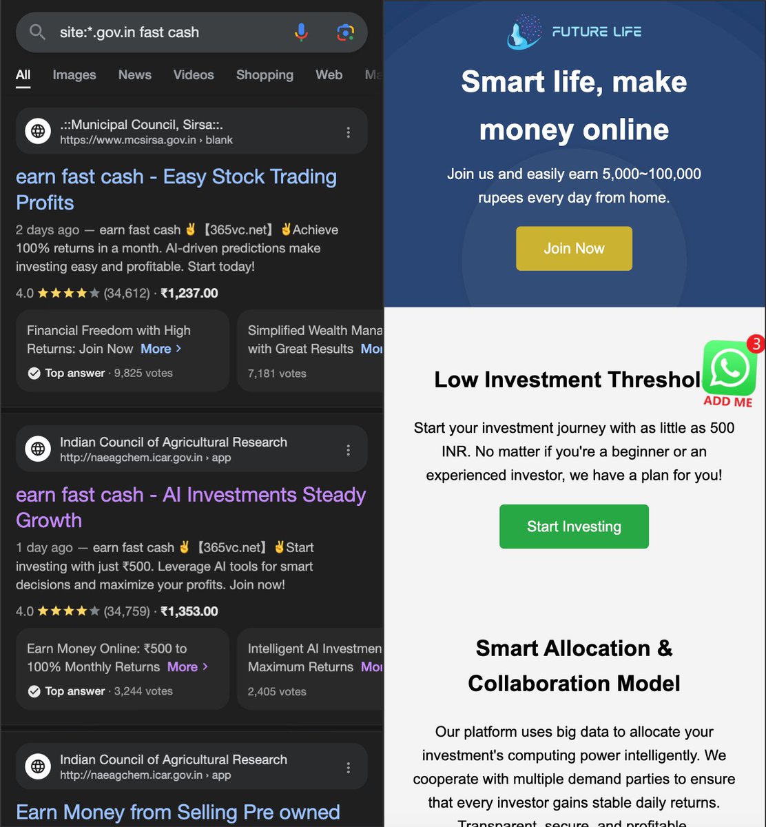 deedydas's tweet image. EXCLUSIVE: 200+ Government of India websites have been hacked!

From Google, they now redirect to vc66 [dot] net, a domain registered on Dec 21, 2024. Its an online money-making scam but links to malware—an attack called SERP hijacking.

Search [site:*.gov.in fast cash] to see.