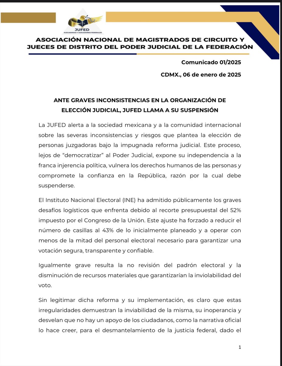 jufed_org's tweet photo. 🟡#COMUNICADO Ante graves inconsistencias en la organización de la elección judicial, la #JUFED llama a su suspensión. https://t.co/v4gslPfexl