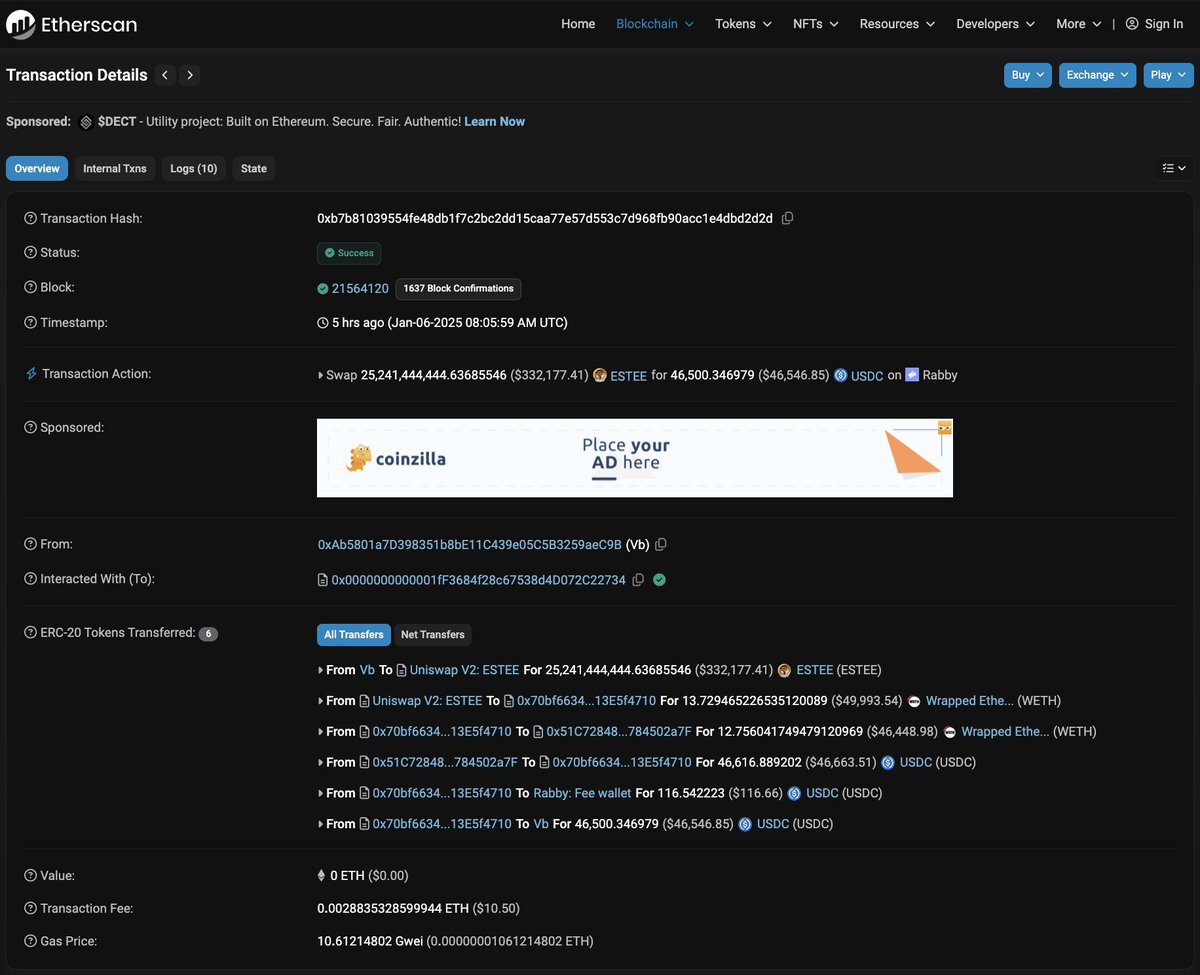 Hi <a href="/VitalikButerin/">vitalik.eth</a>, we see that you sold your bag $ESTEE. 
Estee is a living and real dog, and she has the needs of charity like her owner; 

Our modest request is to donate part of the funds to the shelter for homeless dogs and Irina and Estee.

etherscan.io/tx/0xb7b810395…