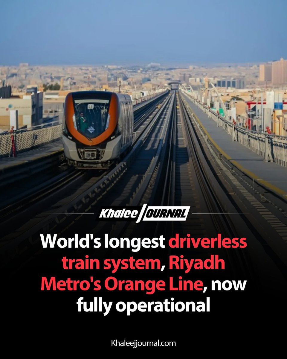 khaleejjournal's tweet image. The Riyadh Metro has officially launched its final line! The Orange Line (Line 3), connecting the eastern and western parts of Riyadh, is now operational, completing the world’s longest driverless train network.

#SaudiArabia #driverlesstrain #transportation #riyadhnews #ksa