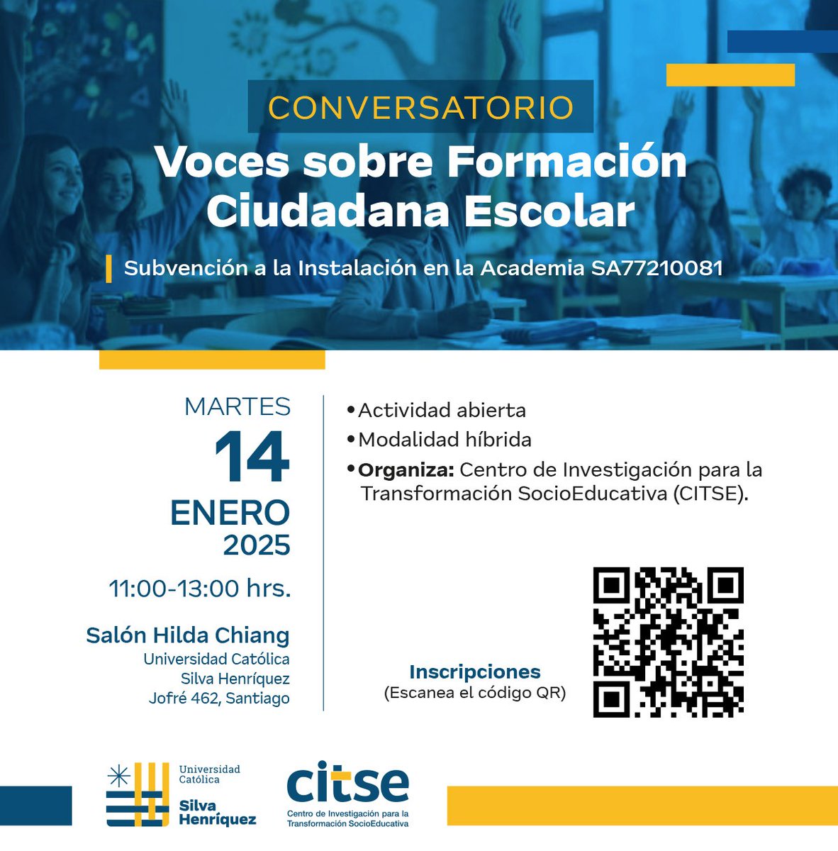 📆¡Anótalo! Evento #CITSE este martes 14 de enero en la <a href="/UCSH_oficial/">UCSH</a>: «Conversatorio Voces sobre Formación Ciudadana Escolar»
📌La académica del #CITSE, Andrea López, presentará resultados de su proyecto de investigación sobre Formación Ciudadana Escolar👉bit.ly/40jBNtZ