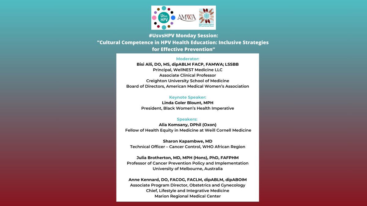 Mark your calendar! Day 1 of #USvsHPV kicks off on Jan 27th from 12-1 PM EST w/ a session on Cultural Competence in HPV Health Education: Inclusive Strategies for Effective Prevention 🌍✨Don't miss out on this amazing expert panel!  
Register today: bit.ly/hpv2025