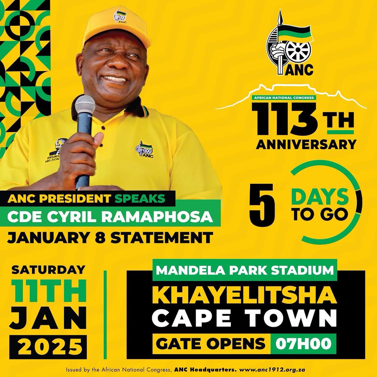 The ANC will celebrate its 113th anniversary with a rally at Mandela Park Stadium in Khayelitsha this weekend.

 President Cyril Ramaphosa is set to deliver this year’s annual January 8 statement, he is expected to reflect on party's poor electoral performance

#ANC113 
#ANCeKapa