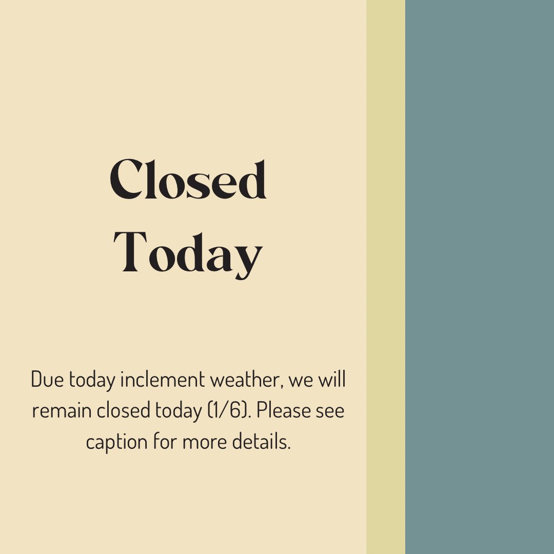 We will remain closed today (1/6) due to inclement weather. If this change affects any of your appointments, a member of our staff will contact you directly to have your service rescheduled.

Thank you for your continued support, and we hope you stay safe today. ❄️