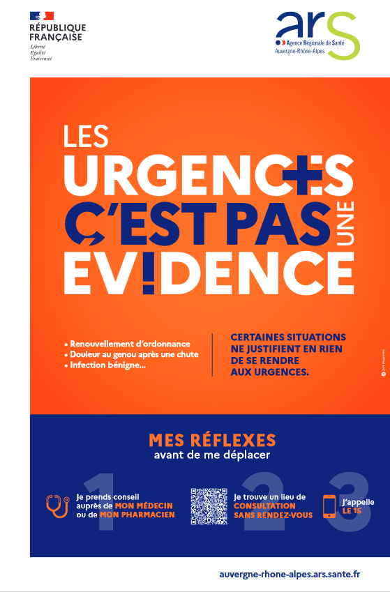 Les #urgences, c'est pas une évidence !
Avant de me déplacer aux urgences :
👨‍⚕️ je prends conseille auprès de mon médecin / pharmacien
🔎 je trouve un lieu de consultation sans rendez-vous
☎️ j'appelle le 15
haute-savoie.gouv.fr/Services-de-l-…
<a href="/ARS_ARA_SANTE/">ARS Auvergne-Rhône-Alpes</a>