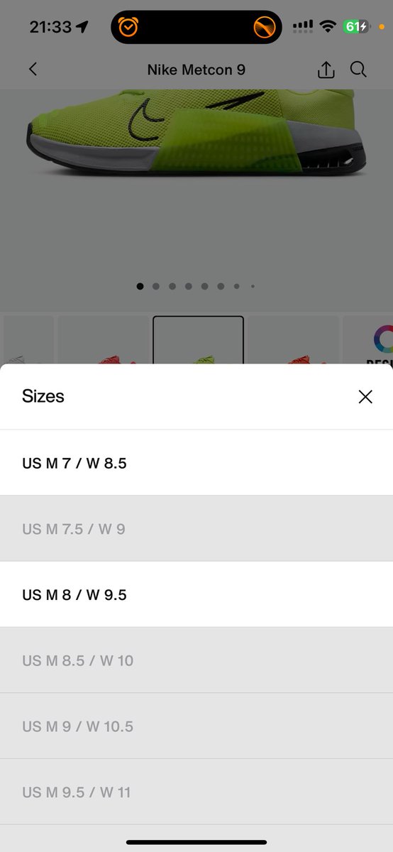 Billynaveed's tweet photo. @Nike I know you are having a hard time right now. You thought you were an eCommerce company and now the channel is fighting back. But if you want to be an eCommerce company let’s get the basics right first. 

I am trying to order. 
The size I need is out of stock. 

Put a radio button next to the out of stock size that’s says” notify me”. Next time it comes in send me a push notification. If it’s isn’t in stock in 5 days simply suggest another colour that is in stock. 

Simple, value add. 

Regards 
Your loyal for Metcons customer