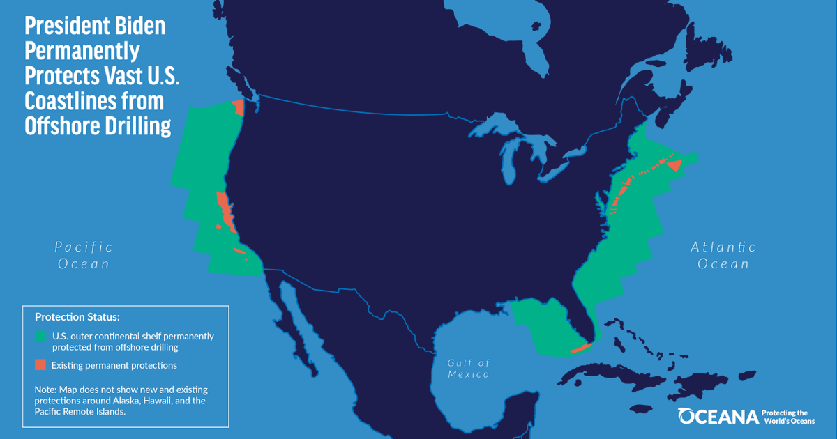 #BREAKING: Today, President Biden protected the United States' coasts, communities, and wildlife by safeguarding the East Coast, West Coast, and eastern Gulf of Mexico from offshore drilling. Thank you <a href="/POTUS/">President Donald J. Trump</a>!

Read more 👉 oceana.ly/3PqsRge #ProtectOurCoast