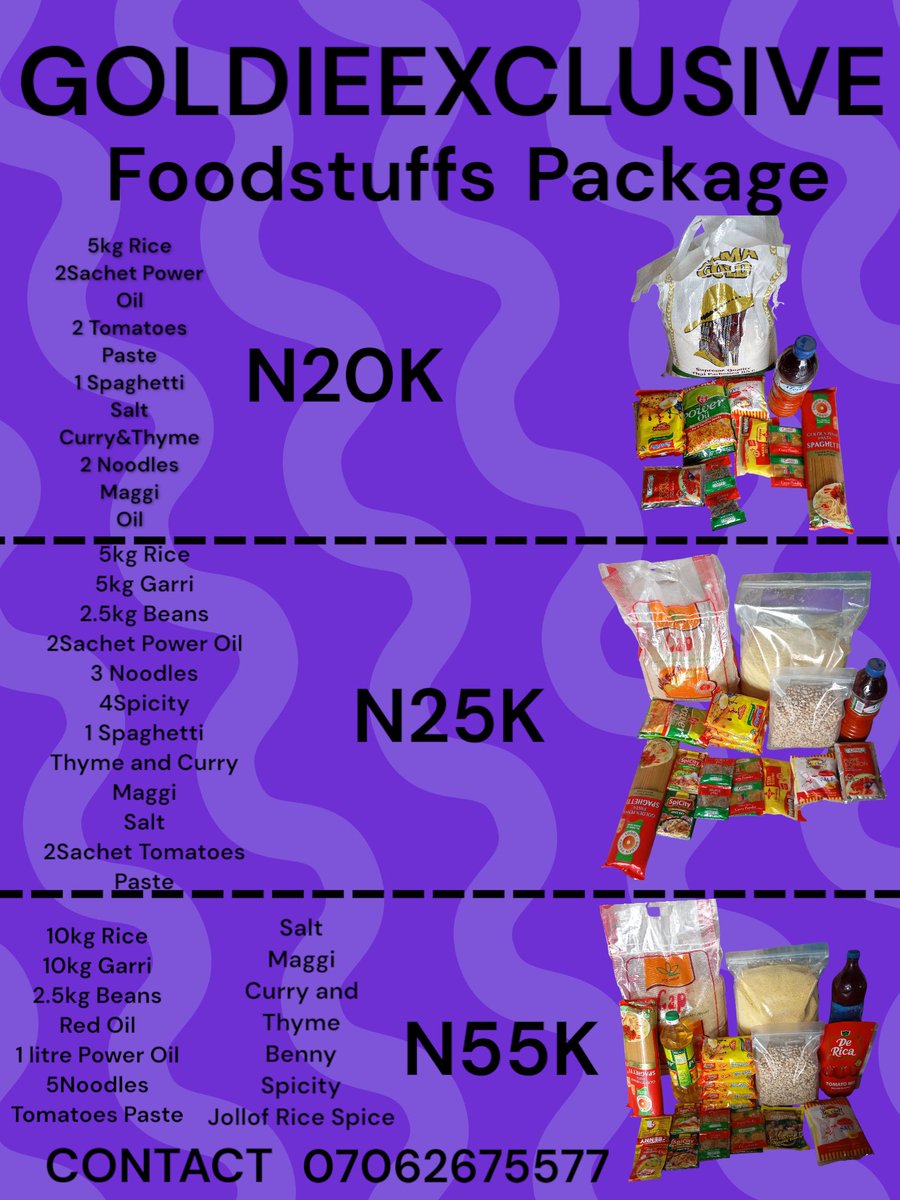 GOLDIEEXCLUSIVE's tweet image. Blessed New Year to All our Lovely Customers From GOLDIEEXCLUSIVE
Kindly Patronize
-Foodstuffs Package
5kg Rice 11k
10kg Rice 22k
10k Mango Rice 24k
Our Foodstuffs Package are also available
-Don't forget Yummy ChinChin and Data available
Location Delta State
#Iyaloja