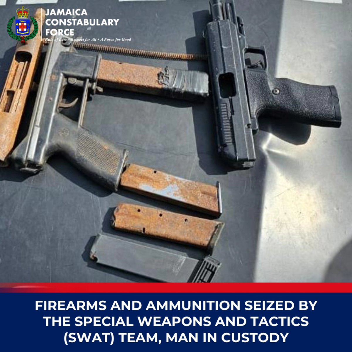 JamaicaConstab's tweet photo. In an ongoing effort to combat illegal firearms, members of the Jamaica Constabulary Force's Special Weapons and Tactics (SWAT) team from the Specialized Operations Branch recovered two firearms and ammunition during separate incidents on Sunday, January 5. https://t.co/W8TWfFYLLP