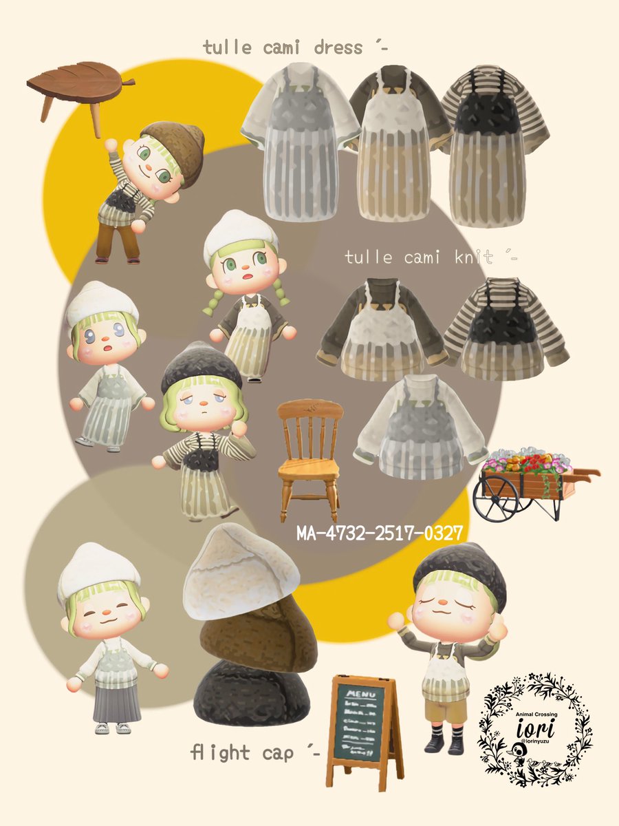 🪑📦

.
📻 チュールキャミワンピース
　　𝟹 𝚌𝚘𝚕𝚘𝚛𝚜

📻 チュールキャミニット
　　𝟹 𝚌𝚘𝚕𝚘𝚛𝚜

📻 フライトキャップ
　　𝟹 𝚌𝚘𝚕𝚘𝚛𝚜

.
あつ森でもポケ森でも動物たちにも着せたくて仕立ててみました🧺🪡ˊ˗ 
ニットの方はボトムスの色を合わせると足が長く見えるかもです🤭