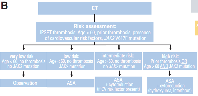 AhmedKo45911157's tweet image. 📢Treatment Algorithm for Essential Thrombocythemia (ET)
🔍Risk Assessment (IPSET): Age &amp;gt;60, prior thrombosis, CV risk, JAK2
💊Treatment:
🔹Very Low Risk: Observe
🔹Low: ASA
🔹Intermediate: ASA ± cytoreduction (if CV risk present
🔹 High Risk: ASA + cytoreduction (HU/INF)
#ASCO24