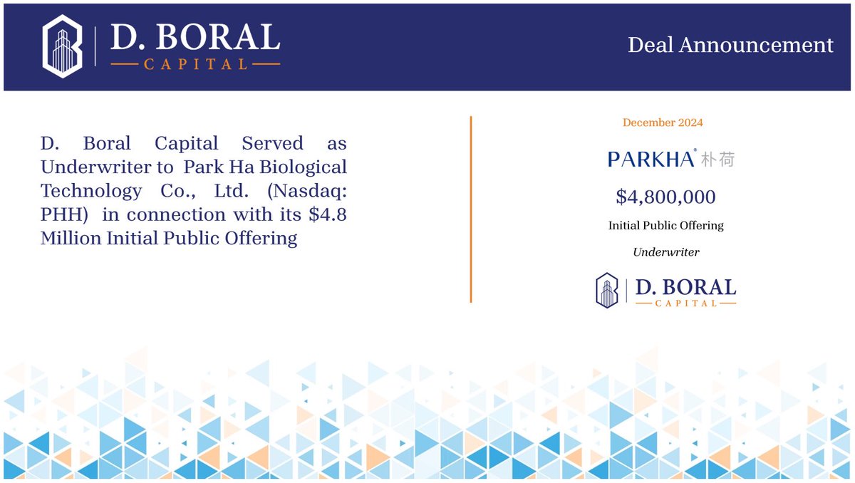 dboralcapital's tweet image. D. Boral Capital served as Underwriter to Park Ha Biological Technology Co., Ltd. (Nasdaq: PHH) in connection with its $4.8 Million Initial Public Offering.
‌
Press Release:
dboralcapital.com/wp-content/upl…
‌
#DBoralCapital #PHH #TransactionAnnouncement #InvestmentBanking