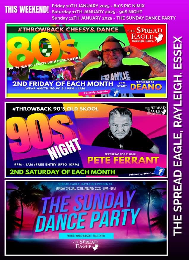 This Saturday coming 11th Jan👍🏼The 90’s night  returns in the High Street Rayleigh Essex playing all the absolute best from that legendary decade.The Spread Eagle from 9-1am free admission B4 10pm so make sure you are early 🎶 🎵 🎤 🎧 🕺 🙌🏻👍🏼🎉🤗xx @thespeadeaglerayleigh