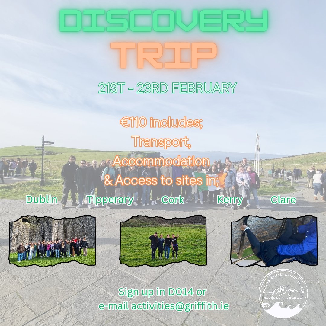 Griffith College Activities Team (@griffactivities) on Twitter photo The first trip of 2025!
We will be heading south the 21st - 23rd of Feb!
To join us, email activities@griffith.ie or drop in to D014 The first trip of 2025!
We will be heading south the 21st - 23rd of Feb!
To join us, email activities@griffith.ie or drop in to D014