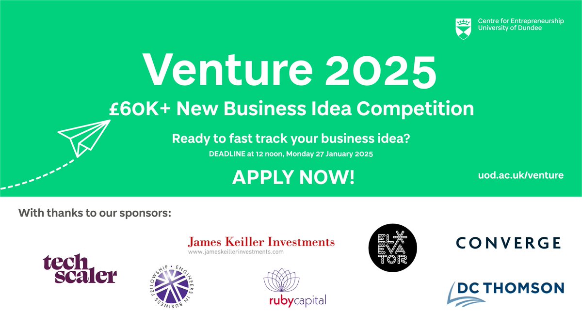 Centre for Entrepreneurship, University of Dundee (@uodenterprise) on Twitter photo Still writing new year's resolutions?🌠How about taking part in Venture 2025, our new business ideas competition for all <a href="/dundeeuni/">University of Dundee</a> staff, students and recent alumni?
❗️Apply by noon 27th January and compete for part of this year's £60k prize pool! 💸
🔗dundee.ac.uk/entrepreneursh… Still writing new year's resolutions?🌠How about taking part in Venture 2025, our new business ideas competition for all <a href="/dundeeuni/">University of Dundee</a> staff, students and recent alumni?
❗️Apply by noon 27th January and compete for part of this year's £60k prize pool! 💸
🔗dundee.ac.uk/entrepreneursh…