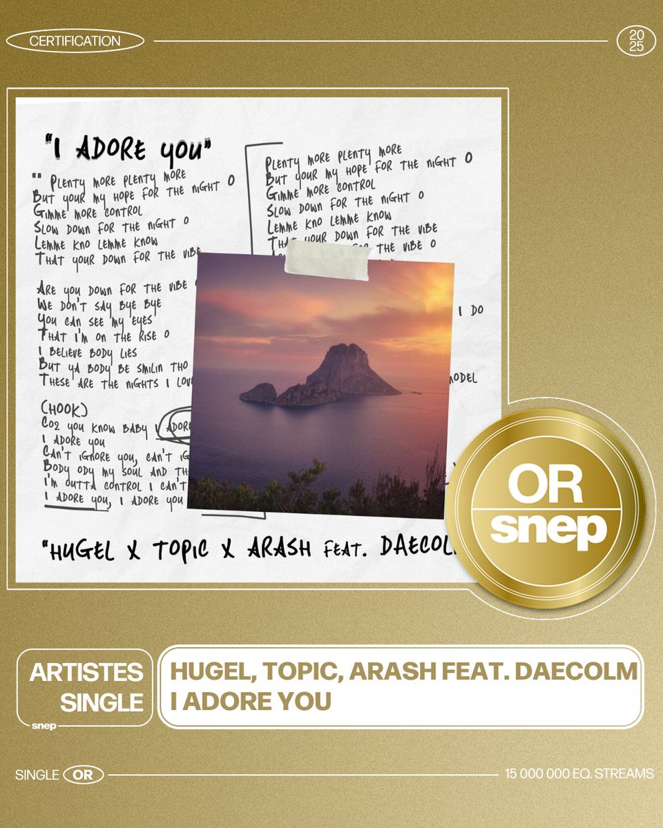 Le titre « I Adore You » de Hugel, Topic, Arash feat. Daecolm est certifié Single Or ! 📀

15 000 000 équivalents streams 🎧

Bravo ! 👏