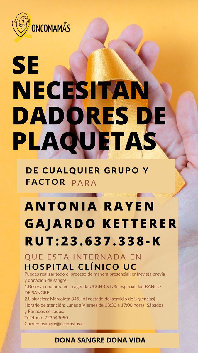 Oncomamás (@oncomamas) on Twitter photo Se necesitan con urgencia dadores de plaquetas para Antonia Gajardo en el Hospital Clínico #UC <a href="/ucchristus/">UC CHRISTUS</a> Marcoleta 345 #Santiago Pide tu hora al 223543090 o en agenda.ucchristus.cl
Familia de Temuco sin redes de apoyo! Favor Difundir 💛 <a href="/Rh_Negativos/">Rh Negativos Chile</a> Se necesitan con urgencia dadores de plaquetas para Antonia Gajardo en el Hospital Clínico #UC <a href="/ucchristus/">UC CHRISTUS</a> Marcoleta 345 #Santiago Pide tu hora al 223543090 o en agenda.ucchristus.cl
Familia de Temuco sin redes de apoyo! Favor Difundir 💛 <a href="/Rh_Negativos/">Rh Negativos Chile</a>