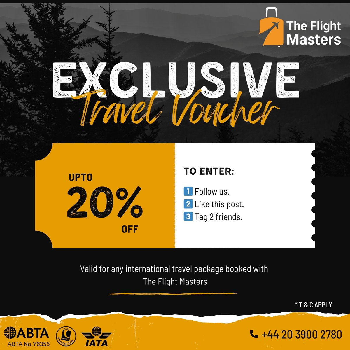 Flight_Masters's tweet photo. 🎉 𝐆𝐈𝐕𝐄𝐀𝐖𝐀𝐘 𝐀𝐋𝐄𝐑𝐓!

Win a Discount Travel Voucher for your next adventure. 🛫 To enter:
1️⃣ Follow us.
2️⃣ Like this post.
3️⃣ Tag 2 friends you’d take on a trip.

Hurry! Winner announced on 17 Feb 2025. https://t.co/i9UCqd6iQq