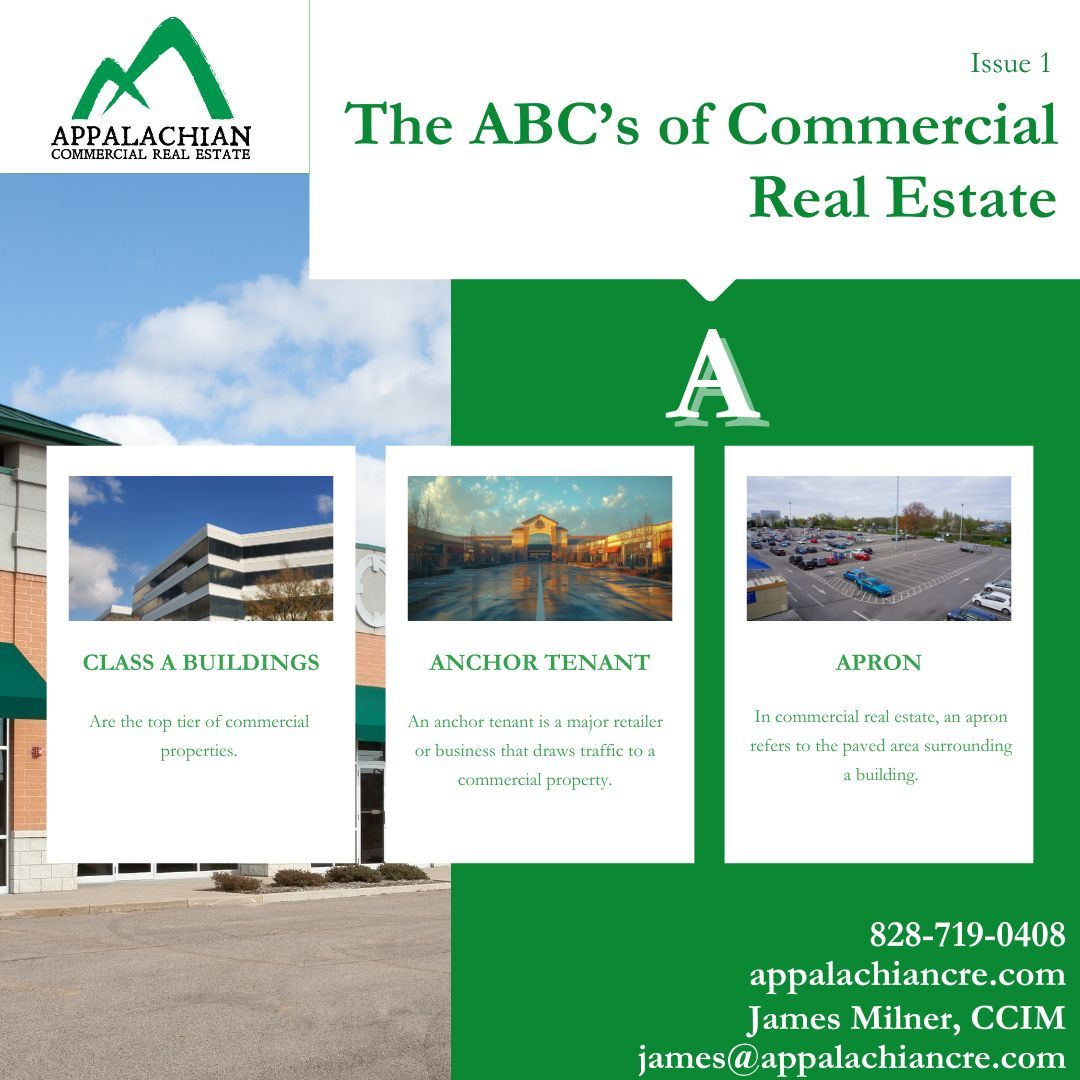 AppalachianCRE's tweet image. 🔠 This Week’s ABCs:
🏢 Class A Buildings – Prime properties, prime locations, high-end finishes. 
🛒 Anchor Tenants – Big retailers that drive traffic &amp;amp; boost nearby businesses.
🚗 Apron – Paved areas around buildings (like driveways) that improve access &amp;amp; flow.
Stay tuned!