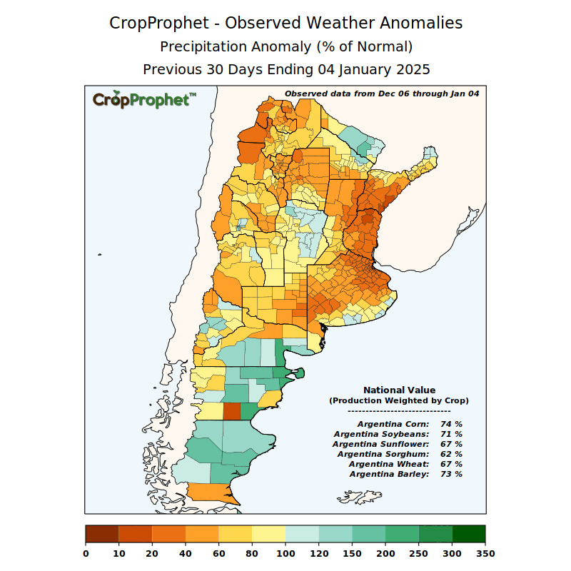 CropProphet's tweet photo. Dryness is intensifying in Argentina during critical months for #corn & #soybeans. Over the last 30 days, corn prod-wghtd precip is only 74% of normal, while soybeans lag even further at 71%. Will January bring relief? 🌽🌱
#AgWeather #GrainMarkets #oatt #agwx https://t.co/UOfK8KiPn3