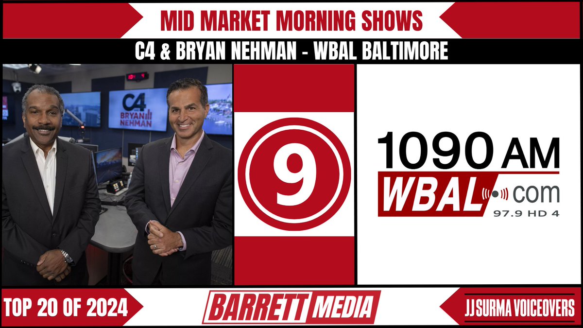 Barrett Media (@barrett_media) on Twitter photo Spots 6-9 in BM's Top 20 N/T mid market morning shows of 2024 presented by <a href="/JJSurmaVoice/">JJ Surma 🗣🔊💯</a> were <a href="/WillsAndSnyder/">Wills and Snyder</a> <a href="/BoThompsonWBT/">Bo Thompson</a> <a href="/Beth_Troutman/">Beth Troutman</a> <a href="/AmyOnTheAir/">Amy Anderson</a> & Will Sterrett & <a href="/C4WBAL/">C4 On WBAL</a> <a href="/BryanNehman/">Bryan Nehman</a>.
barrettmedia.com/2025/01/06/bar… Spots 6-9 in BM's Top 20 N/T mid market morning shows of 2024 presented by <a href="/JJSurmaVoice/">JJ Surma 🗣🔊💯</a> were <a href="/WillsAndSnyder/">Wills and Snyder</a> <a href="/BoThompsonWBT/">Bo Thompson</a> <a href="/Beth_Troutman/">Beth Troutman</a> <a href="/AmyOnTheAir/">Amy Anderson</a> & Will Sterrett & <a href="/C4WBAL/">C4 On WBAL</a> <a href="/BryanNehman/">Bryan Nehman</a>.
barrettmedia.com/2025/01/06/bar…