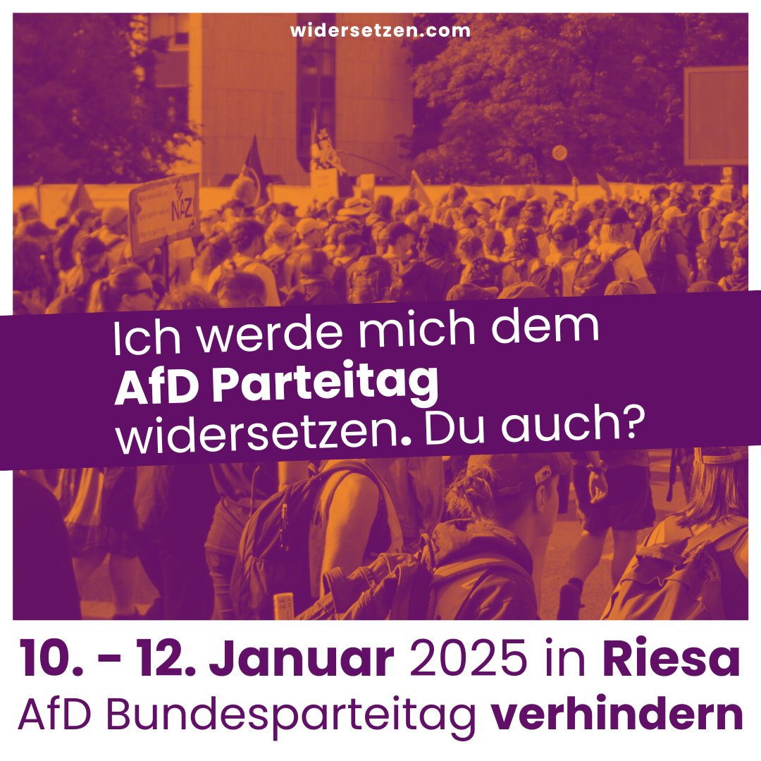 Už o víkendu má mít v Riese, asi 100 km od hranic, stranický sjezd fašoidní AfD. Do města se na protesty už v sobotu 11. chystají i tisíce antifašistek*ů, odbory, enviro organizace, běžní lidé...

Máte čas? Vemte kámoše, vymyslete plán a pojeďte.

Info na: widersetzen.com