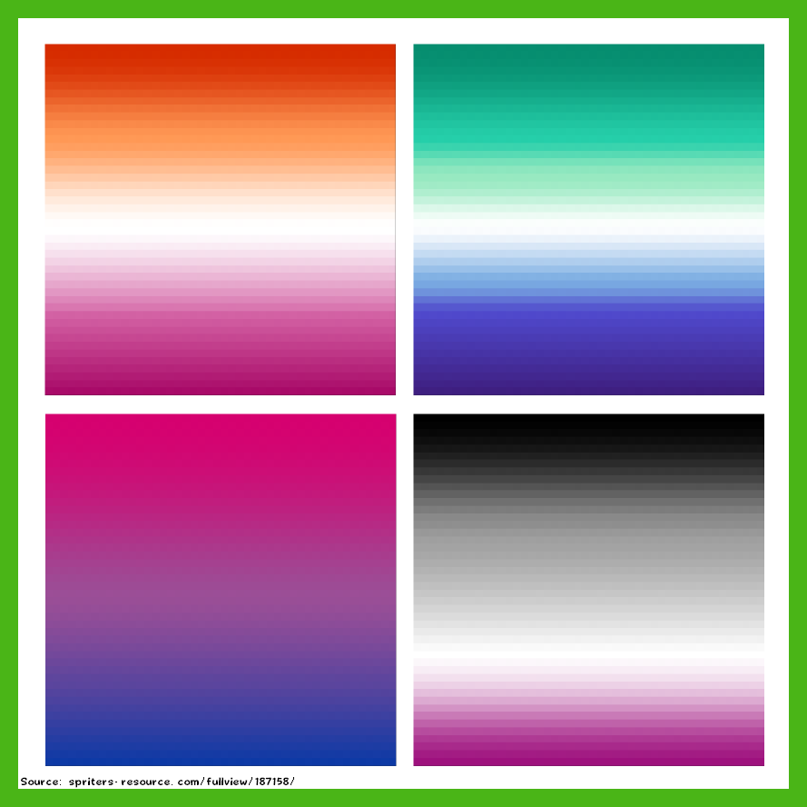 LuigiErship's tweet image. In Yoshi’s Island, the last background layer in most levels is a gradient generated by the game’s engine. The gradients are only ever seen partially, always being obscured by at least one other layer. Here are some of the most prominent gradients, extracted from the data.