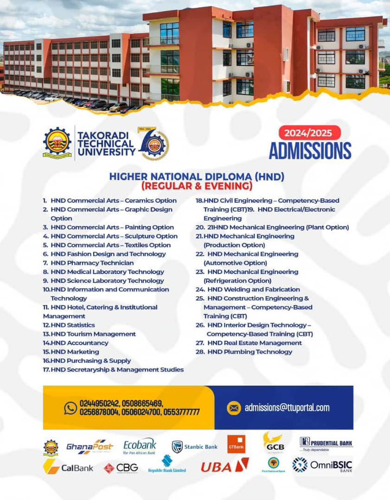2024/2025 admissions 

<a href="/OfficialTTU/">Takoradi Technical University</a>