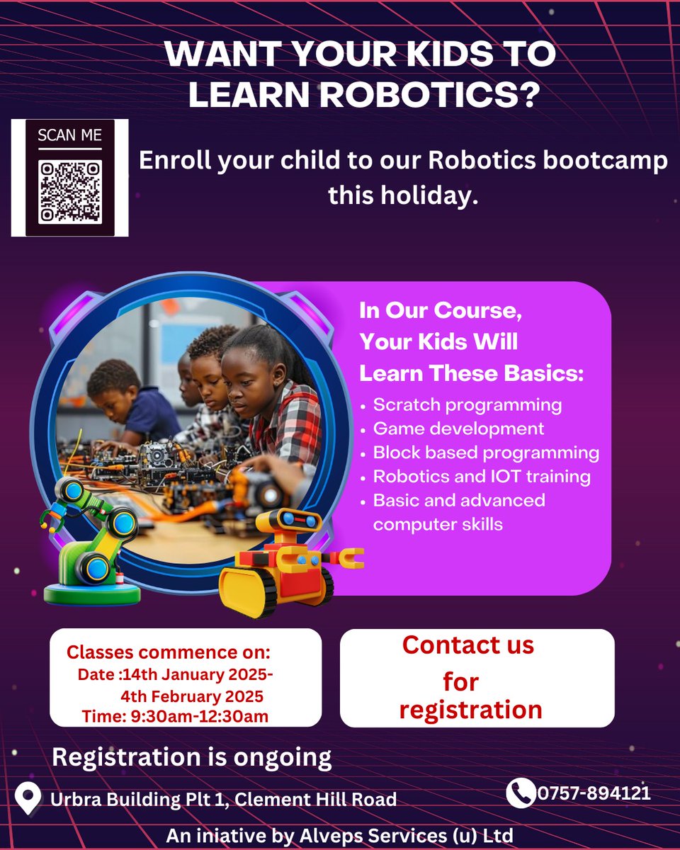 Registration for our Robotics Holiday Bootcamp is still ongoing ,don't let your child miss our fun filled bootcamp. 
For more details call or WhatsApp us on 0757894121
Enroll ur child by clicking the link below
forms.gle/qF6914E8s9MLeD…