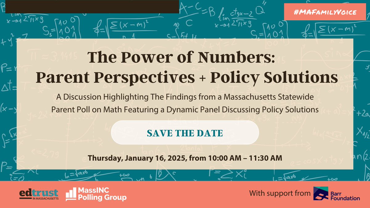 MassINC Polling (@massincpolling) on Twitter photo Join us & <a href="/EdTrustMA/">EdTrust in MA</a> next Thursday, 1/16, for a virtual zoom event! We'll unveil the findings of our latest K-12 statewide parent poll, exploring math education and the growing numeracy crisis in Massachusetts.
Register now: bit.ly/3V4588M Join us & <a href="/EdTrustMA/">EdTrust in MA</a> next Thursday, 1/16, for a virtual zoom event! We'll unveil the findings of our latest K-12 statewide parent poll, exploring math education and the growing numeracy crisis in Massachusetts.
Register now: bit.ly/3V4588M