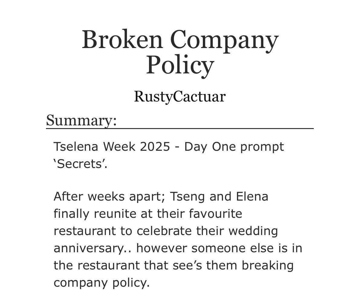 Day one of #Tselena Week! It feels so good to write for my longest otp once more! If anyone feels like giving TsengxElena a read than the link is below!

archiveofourown.org/works/62021254