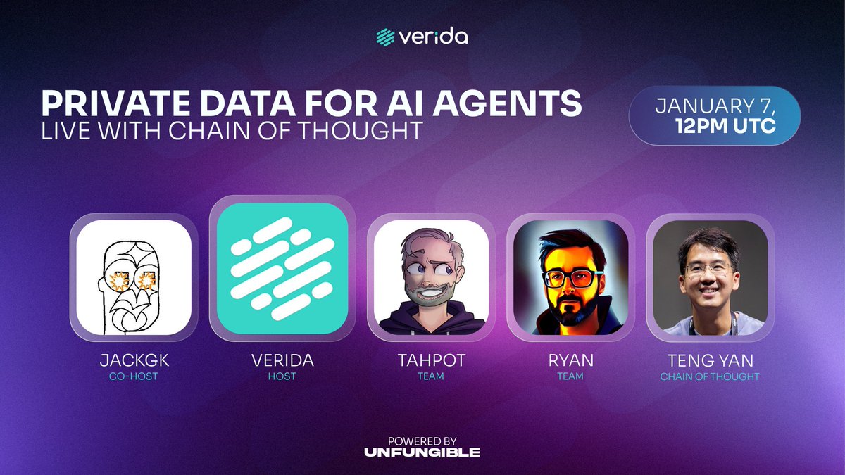 Verida 💜 (@verida_io) on Twitter photo 🎙️ Where to get data when public datasets run out?
📅 Tomorrow, January 7th | 12 PM UTC
Exploring decentralized AI and the role of private and personal data for AI with Teng Yan from Chain of Thought.
DATA or AI? <a href="/0xPrismatic/">Teng Yan · 30 days of COT</a>, <a href="/tahpot/">tahpot | Verida AI</a>, and @ryanjkris will share their insights! 🎙️ Where to get data when public datasets run out?
📅 Tomorrow, January 7th | 12 PM UTC
Exploring decentralized AI and the role of private and personal data for AI with Teng Yan from Chain of Thought.
DATA or AI? <a href="/0xPrismatic/">Teng Yan · 30 days of COT</a>, <a href="/tahpot/">tahpot | Verida AI</a>, and @ryanjkris will share their insights!