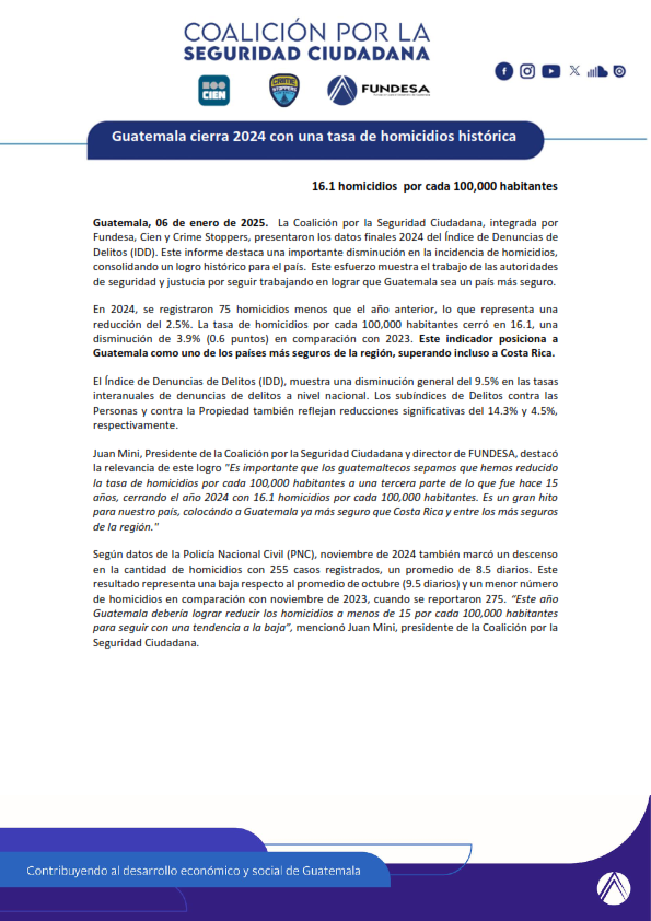 ✍🏽#Comunicado | Guatemala cierra 2024 con una tasa de homicidios histórica - 16.1 homicidios por cada 100,000 habitantes

#SeguridadGT