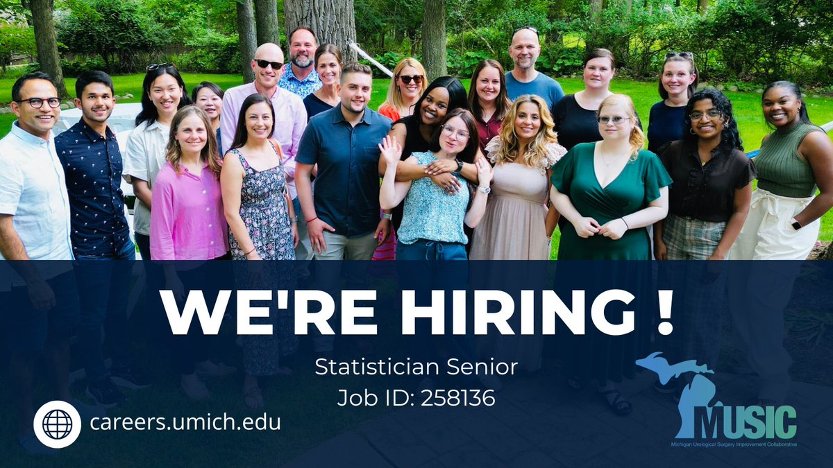 🚨We’re #Hiring!🚨

Join the #UniversityofMichigan Department of #Urology as a Senior Statistician! Collaborate with MUSIC to enhance patient care through data-driven quality improvement initiatives. 

💻 Apply by January 18, 2025: careers.umich.edu/job_detail/258…

#JobOpening