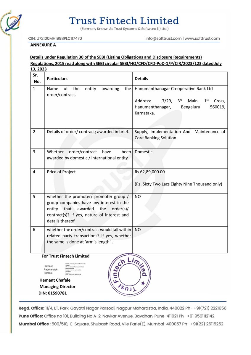 preet2419's tweet photo. Trust Fintech Received 3 Work Orders :- 

₹62,89,000 for the supply, implementation, and maintenance of a Core Banking Solution from Hanumanthanagar Co-operative Bank Ltd.

₹55,00,000 from ARADHNAM PORTFOLIO INVESTMENTS PRIVATE LIMITED

₹29,10,000 for the supply, implementation, and commissioning of Trust Bank CBS Software on CAPEX for 5 branches and the Head Office from Samata Co-operative Development Bank Ltd.