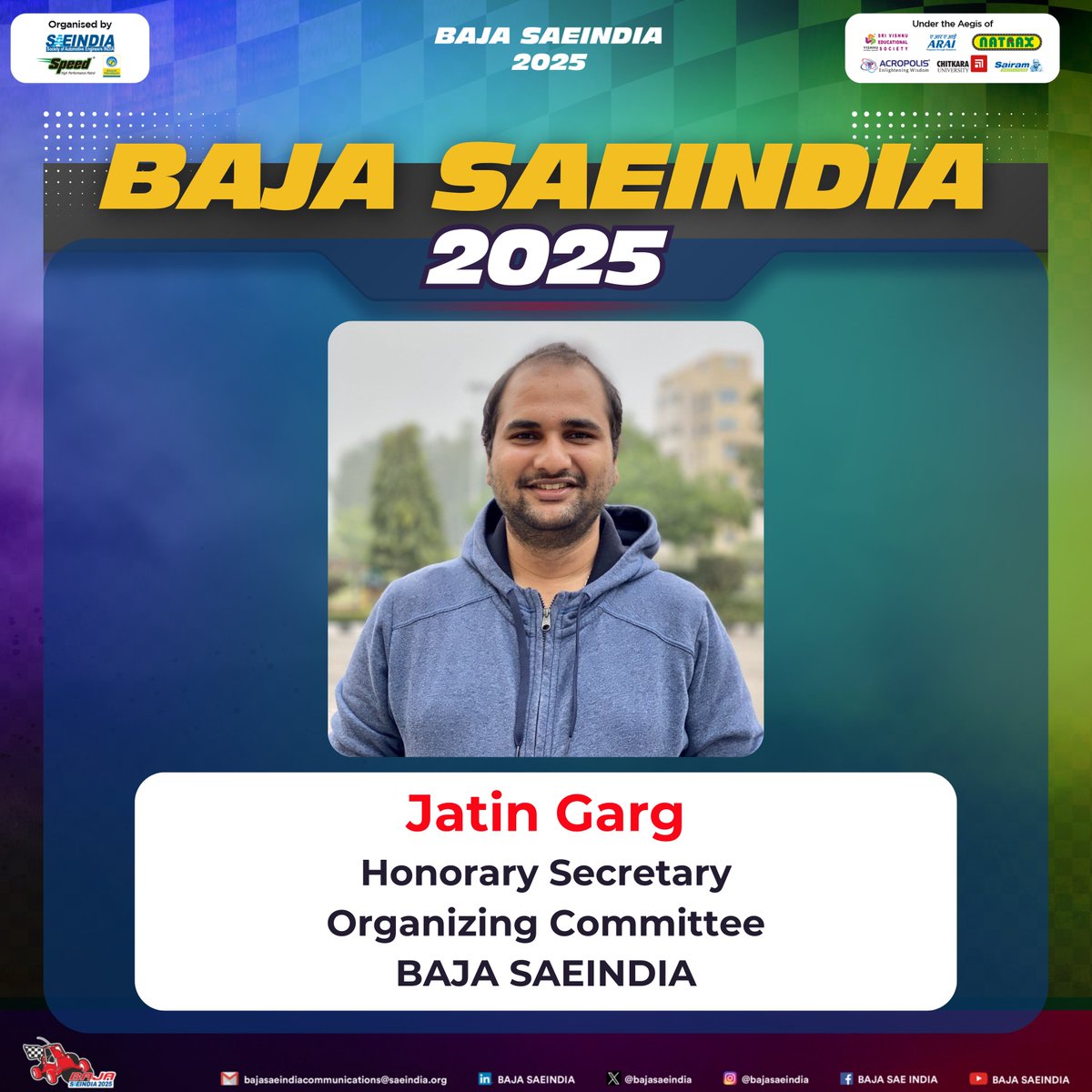 BAJASAEINDIA's tweet photo. Thrilled to announce that Jatin Garg has been appointed as the 𝗛𝗼𝗻𝗼𝗿𝗮𝗿𝘆 𝗦𝗲𝗰𝗿𝗲𝘁𝗮𝗿𝘆 𝗼𝗳 BAJA SAEINDIA! 🎉
𝗖𝗼𝗻𝗴𝗿𝗮𝘁𝘂𝗹𝗮𝘁𝗶𝗼𝗻𝘀, 𝗝𝗮𝘁𝗶𝗻!
We’re confident that your leadership will steer BAJA SAEINDIA to new heights!
#bajasaeindia2025 #fusion4future https://t.co/HFwtlY42zh