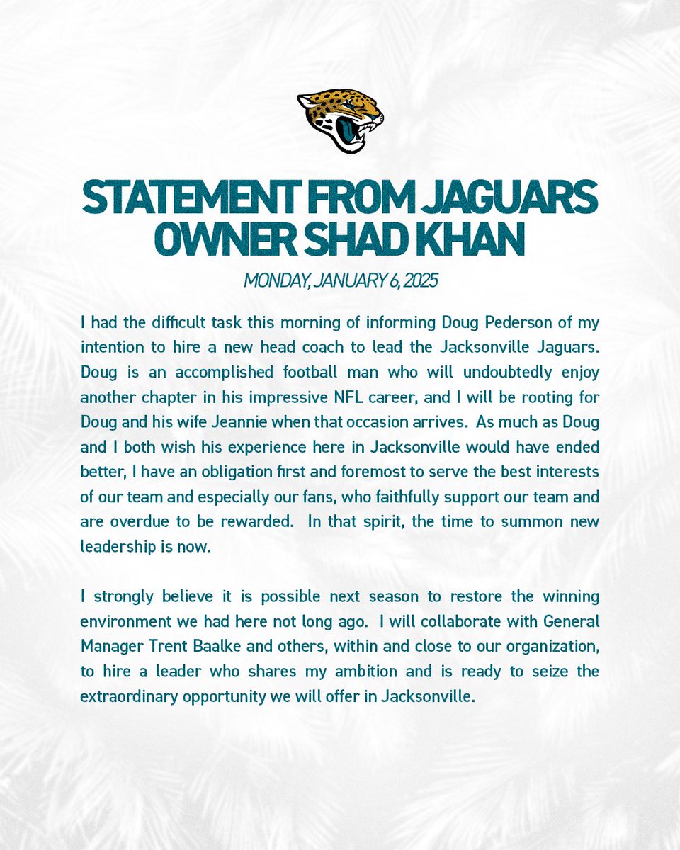 Jaguars's tweet image. A statement from Jaguars Owner Shad Khan.